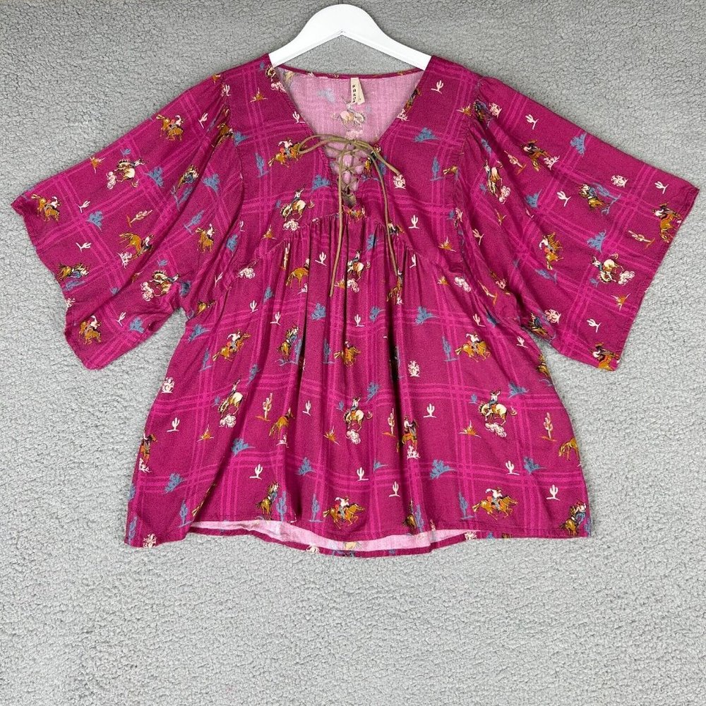 Roper Women's Small Blouse Cowboy Rodeo Horse Peasant Lace Up Short Sleeves Pink